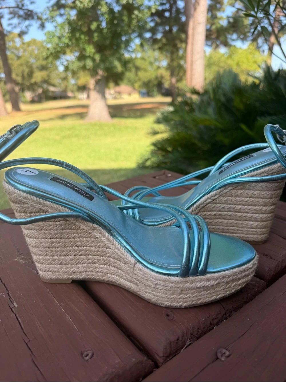 Nine West Hipsta3 Metallic Blue Espadrille Wedge Sandals Size 7 $109